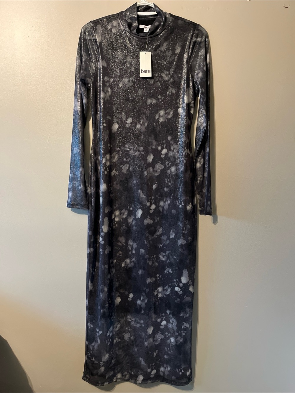 NWT! Bar III Grey Silver Midi Dress Stretch Small Elegant Cocktail long sleeve